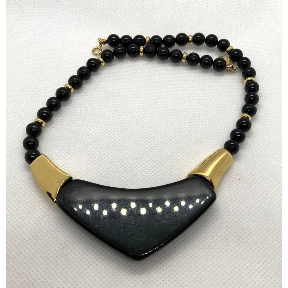 Vintage Napier Signed Black Plastic 18'' Beaded Necklace 80s 90s Gold Tone Retro